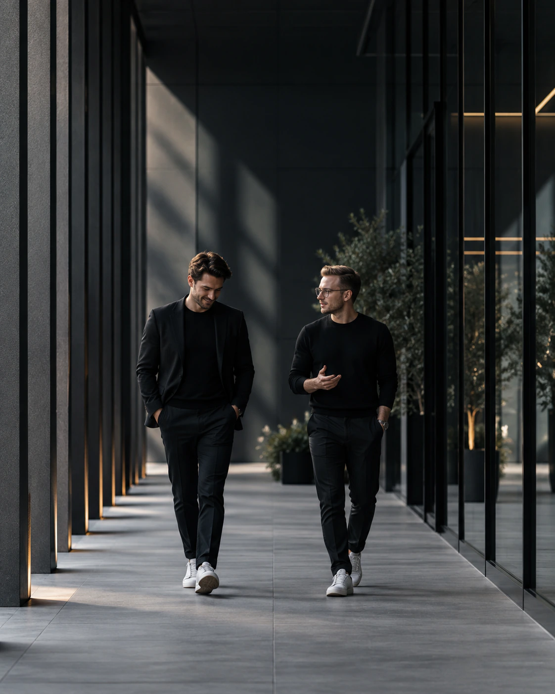 Two founders in conversation, walking along a modern office colonnade.