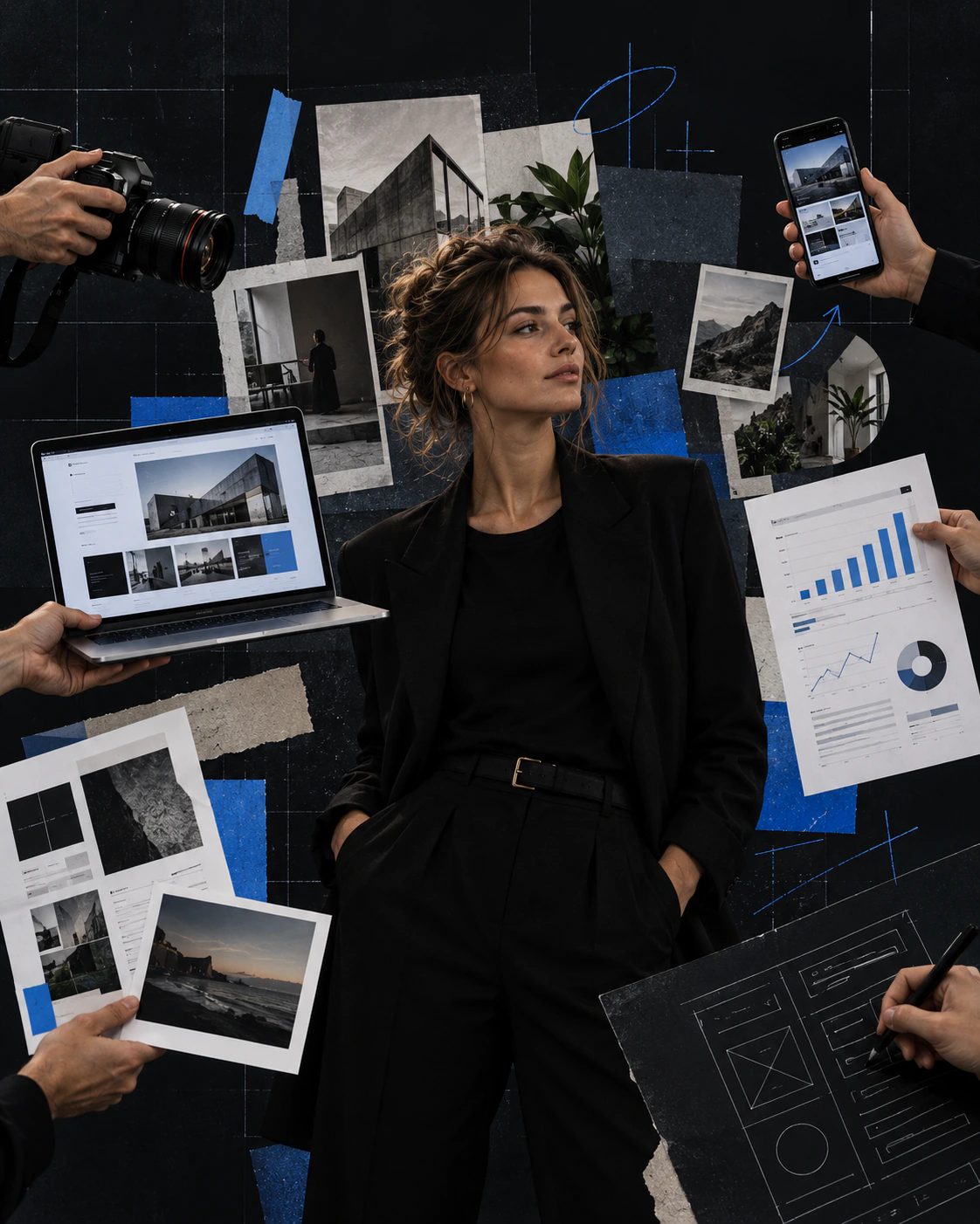 A collage of a website, app, analytics report and wireframes held up around a marketing lead.